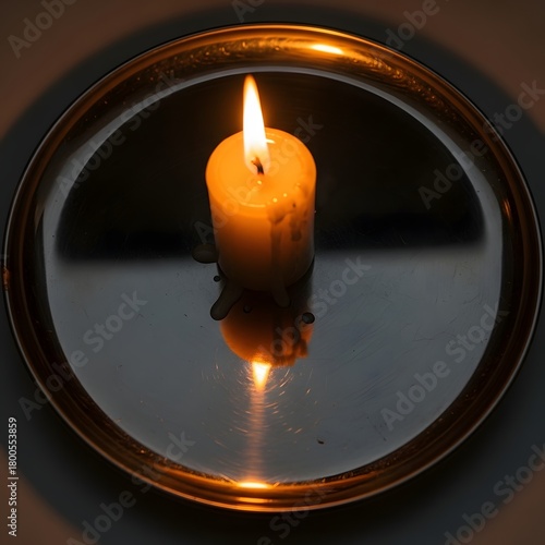 A single lit candle with a warm flame placed on a reflective surface creating a calming and serene atmosphere for relaxation or meditation