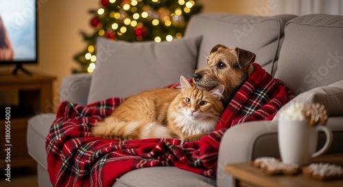 Dog and cat relaxing together on a sofa under a red plaid blanket. Cozy Christmas or winter evening at home with pets.