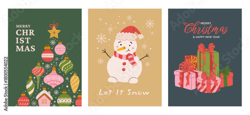 Set of Christmas greeting cards with abstract Xmas tree ornaments, snowman, and a gift box vector illustration. Festive winter holiday background