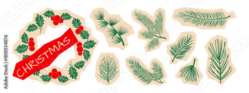 Christmas retro sticker, scrapbook mistletoe wreath. Winter fir branch, pine sprig. Holly leaf and ilex berry. Floral holiday twig isolated on white background. Xmas cut out plant. Vector illustration