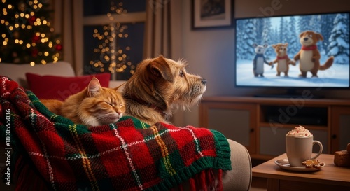 Fototapeta Naklejka Na Ścianę i Meble -  Dog and sleeping cat watching television with animated characters on screen. Cozy Winter holidays evening at home. Christmas background.