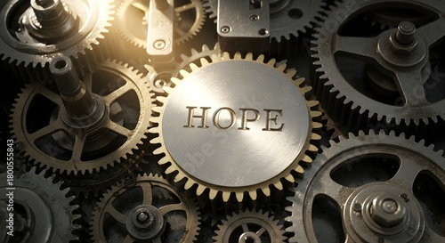 A close-up view of interlocking metallic gears with one gear engraved with the word 'HOPE' symbolizing optimism and perseverance in mechanical systems