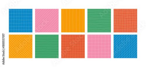Abstract Line Pattern Set. Vector Notebook Paper Stripes Background. Hand Drawn School Grid Seamless Texture. Cute Wavy Line Checker Pattern.