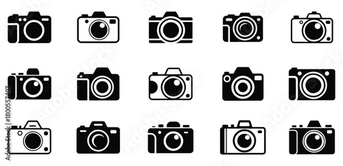 Photo camera silhouette icon set, Collection of photo camera silhouette icons, Variety of camera shapes vector icon