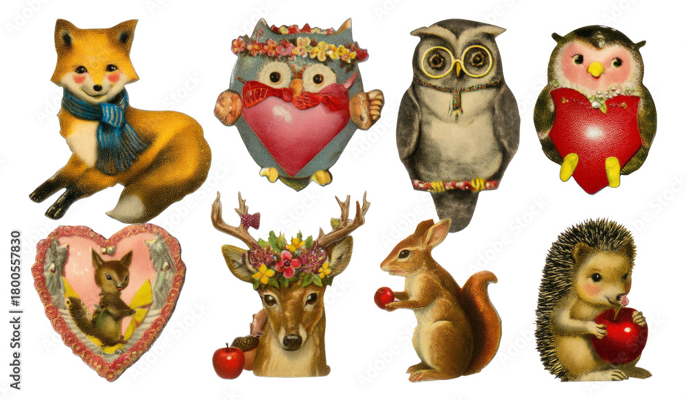 Fototapeta premium Vintage Collage of Isolated Animals and Heart Shapes on Transparent Background