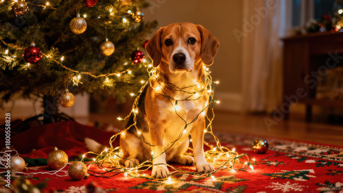 Beagle wrapped in Christmas lights sitting on a colorful rug in front of a decorated tree during the holiday season