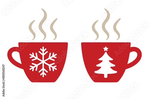 Christmas Hot Coffee, Tea, or Chocolate Beverage in Red Cups, Cozy Holiday Drink Illustration for Winter Season and Festive Designs