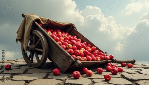 Overturned market cart symbolizing economic upheaval and societal breakdown An overturned, weathered wooden market cart lies on a cracked cobblestone street, its contents of scattered, bruised apples,
