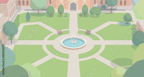 Peaceful university campus courtyard with fountain and benches inviting relaxation and study, perfect for campus life or educational marketing materials