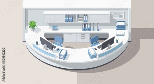 Modern reception area with sleek design and organized workspace, perfect for creating a professional and welcoming atmosphere, ideal for corporate environments