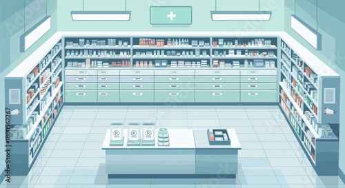 Clean and organized pharmacy interior with shelves of medications, offering a sense of trust and wellness for health and pharmaceutical marketing campaigns