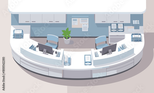 Clean modern reception area awaits visitors, offering a welcoming and professional atmosphere in a business or healthcare setting with organized workspace