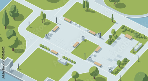 Inviting park layout with benches, trees and sidewalks providing a calm escape for relaxation, promoting community and outdoor enjoyment in a modern design