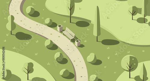 Serene park scene with winding path, inviting bench, and stylized trees creating a peaceful, natural environment for relaxation and contemplation