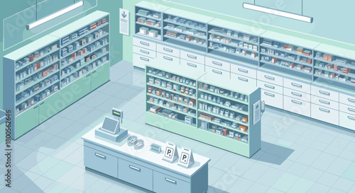 Modern pharmacy interior illustration showcases medicine shelves and cash register for healthcare advertising, medical promotions and pharmaceutical marketing visuals