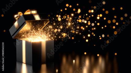 Stunning black gift box bursts open with dazzling golden sparkles and bokeh lights creating a magical celebratory atmosphere