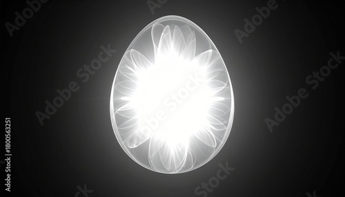 A luminous, egg-shaped form against a dark background, featuring a bright center emanating soft, petal-like structures. The image evokes light and energy