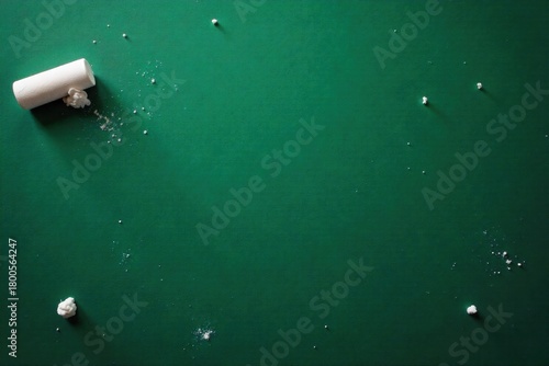 Close up of a well worn, green chalkboard with scattered chalk fragments. Extreme close up, macro shot of a weathered, vintage green chalkboard surface. Scattered, broken pieces of white chalk and a