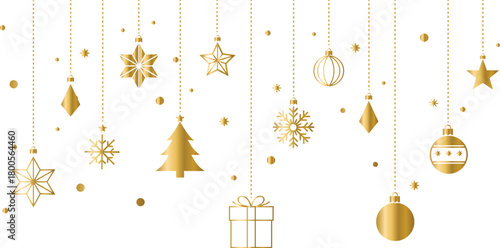 Sparkling golden festive holiday ornaments collection featuring elegant stars, delicate snowflakes, a charming Christmas tree, and a gift box, ideal for seasonal celebrations