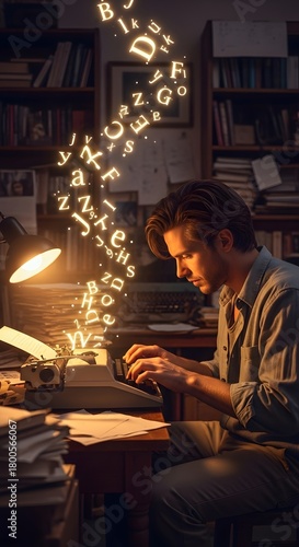 Wallpaper Mural A young man working at a desk in a cozy room with floating illuminated alphabet letters creating a magical atmosphere around him Torontodigital.ca