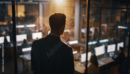 Ambitious businessman standing behind a glass wall, observing his dedicated employees working late. A cinematic shot of corporate success and leadership vision