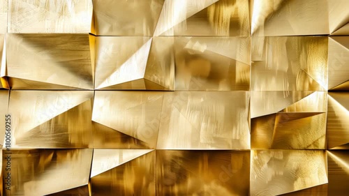Golden Geometric Elegance: A close-up view reveals a striking wall composed of geometric panels, where light dances on the textured gold surface, creating a dynamic play of shadow and light.
