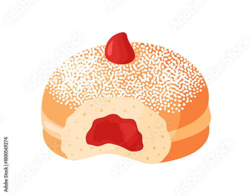 Cute vector illustration sufganiyah doughnut with powdered sugar and visible jelly filling. Flat style. Perfect for Hanukkah decorations, menus, stickers, and festive designs. Vector illustration