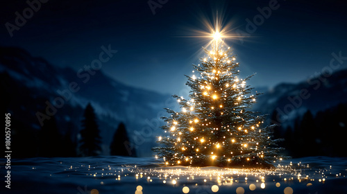 Celebrate the magical Christmas season with a beautifully lit Christmas tree against a stunning snowy mountain backdrop for heartwarming holiday campaigns