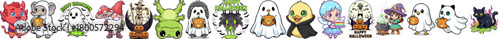 A vibrant collection of whimsical cartoon characters and spooky Halloween creatures, perfect for holiday-themed designs and digital art