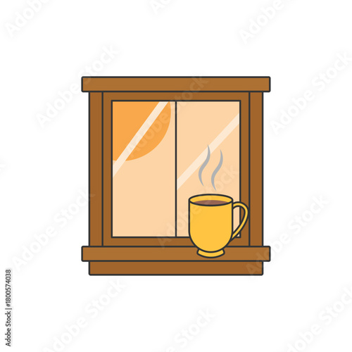 Morning aroma steam showing a warm mug on a windowsill with rising steam. Ideal for calm morning themes, cozy lifestyle concepts, and peaceful daily routines.