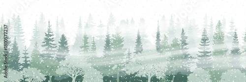 Snowy winter forest, blizzard and snowfall, panoramic view, vector illustration