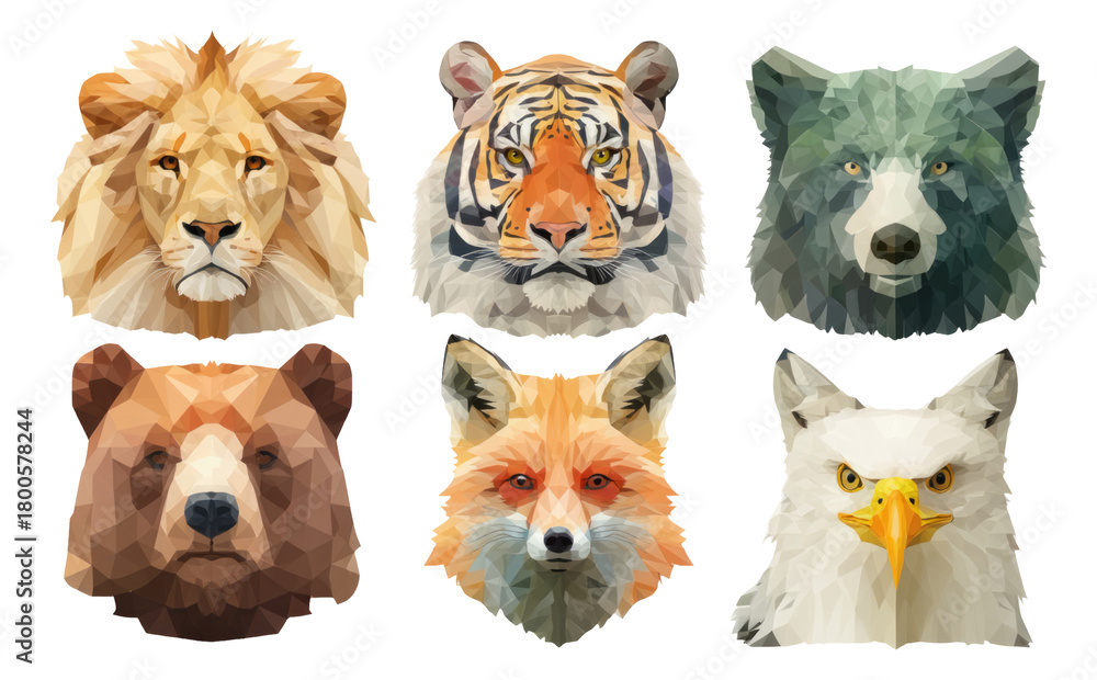 Fototapeta premium Abstract Geometric Animal Portraits in Various Colors on Transparent Background