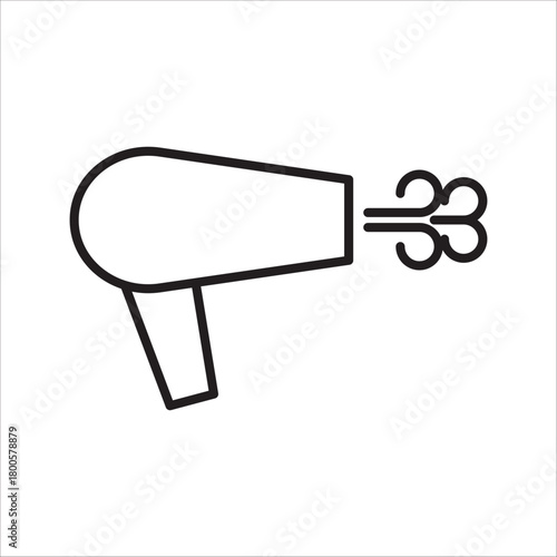 Hair dryer or hairdryer icon, showing airflow coming out of a nozzle, black and white outline illustration, symbolizes hair care, personal care, beauty, or hotel facilities.