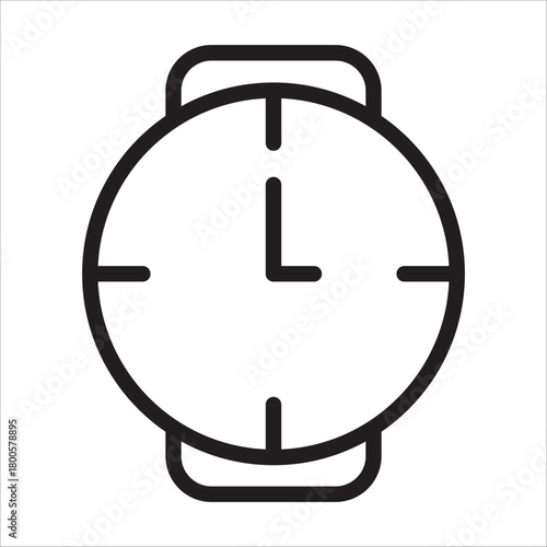 Watch icon, showing analog watch face and strap, black and white outline illustration, symbolizing time, schedule, punctuality, or accessory.
