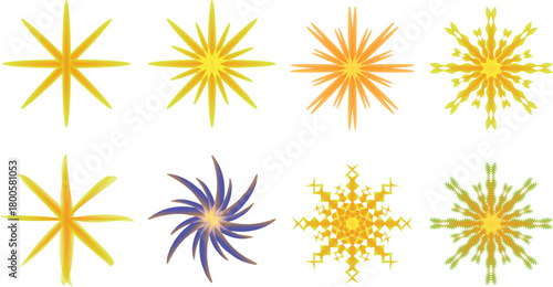 Eight abstract starburst and snowflake shapes bright