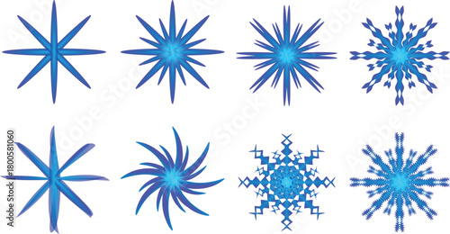 Eight blue abstract snowflake and starburst shapes
