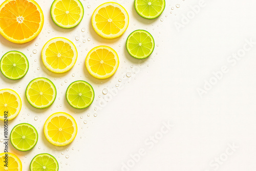 Horizontal citrus flatlay featuring bright orange, lemon, and lime slices arranged diagonally across a clean white background with scattered water droplets, creating a fresh, vibrant composition