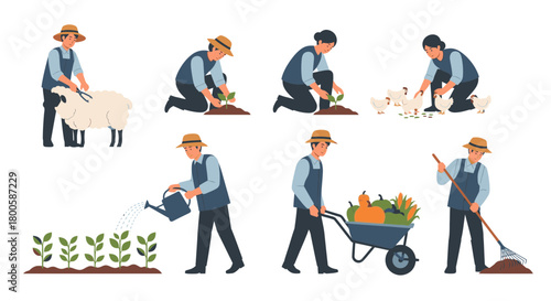 Engaging farming tasks and harvest scenes with people tending sheep, planting, watering, chickens, harvesting pumpkins, raking leaves on the farm