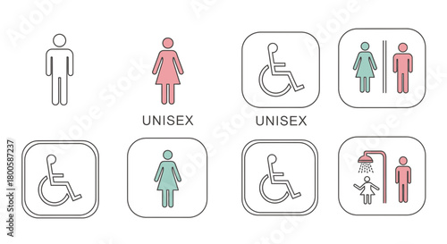 Modern restroom icons for all genders and accessibility, great for hotels, restaurants, and public spaces needing clear, inclusive signage solutions