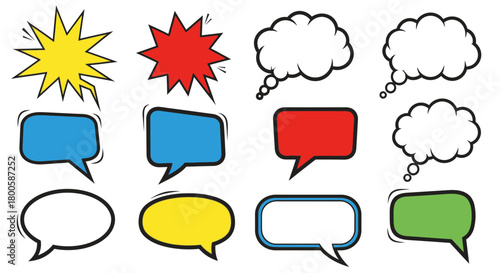 Dynamic collection of cartoon speech bubbles and thought clouds in vibrant colors, perfect for adding creative accents and playful messages to your designs