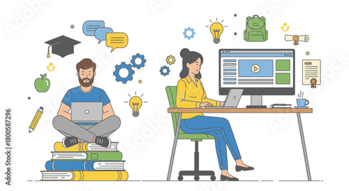 Online learning and education concepts show students studying together, promoting collaboration and brainstorming for innovative ideas and academic success