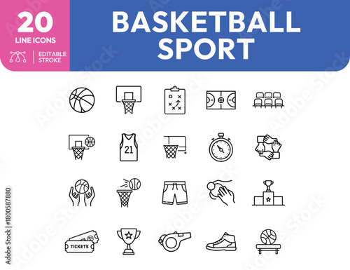 Basketball sport line icons ball hoop jersey court trophy and more