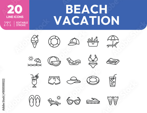 Beach Vacation Line Icons Summer Holiday Essentials and Leisure Activities