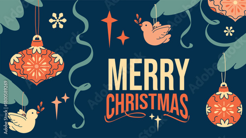 A 16:9 horizontal web banner with a Merry Christmas greeting. Features a naive retro graphic with ornaments, doves, and snowflakes, perfect for seasonal website headers.