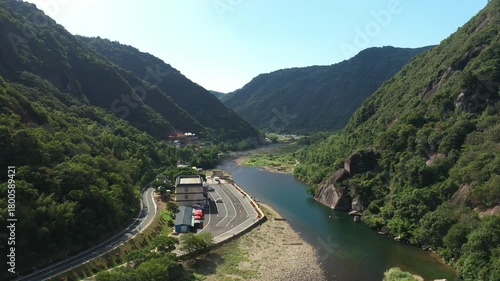 Aerial view of the high mountains and river in yangjiaxi, xiapu Fujian, China. High quality 4k footage
