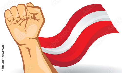 Illustration of the Austrian national flag with clenched fists, red and white flag