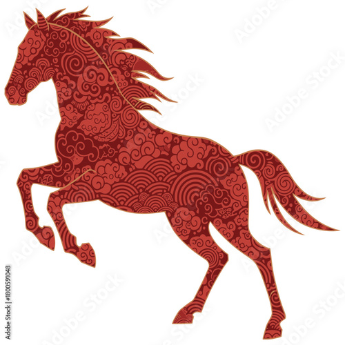 A vibrant red silhouette of a rearing horse is filled with intricate traditional Chinese patterns like clouds and waves