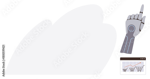 Robotic arm pointing upward with chart depicting online shopping trends, growth, and analytics. Ideal for AI, e-commerce, futuristic tech, data analysis, innovation, automation simple flat metaphor