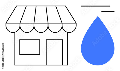 Black-lined storefront with striped awning beside a blue droplet symbolizing water, clean resources, or sustainability. Ideal for business, retail, water conservation, eco-friendly, marketing, small