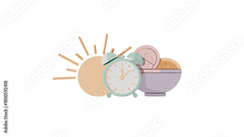 Early morning scene: alarm clock, sun, and cereal bowl, symbolizing a morning routine.